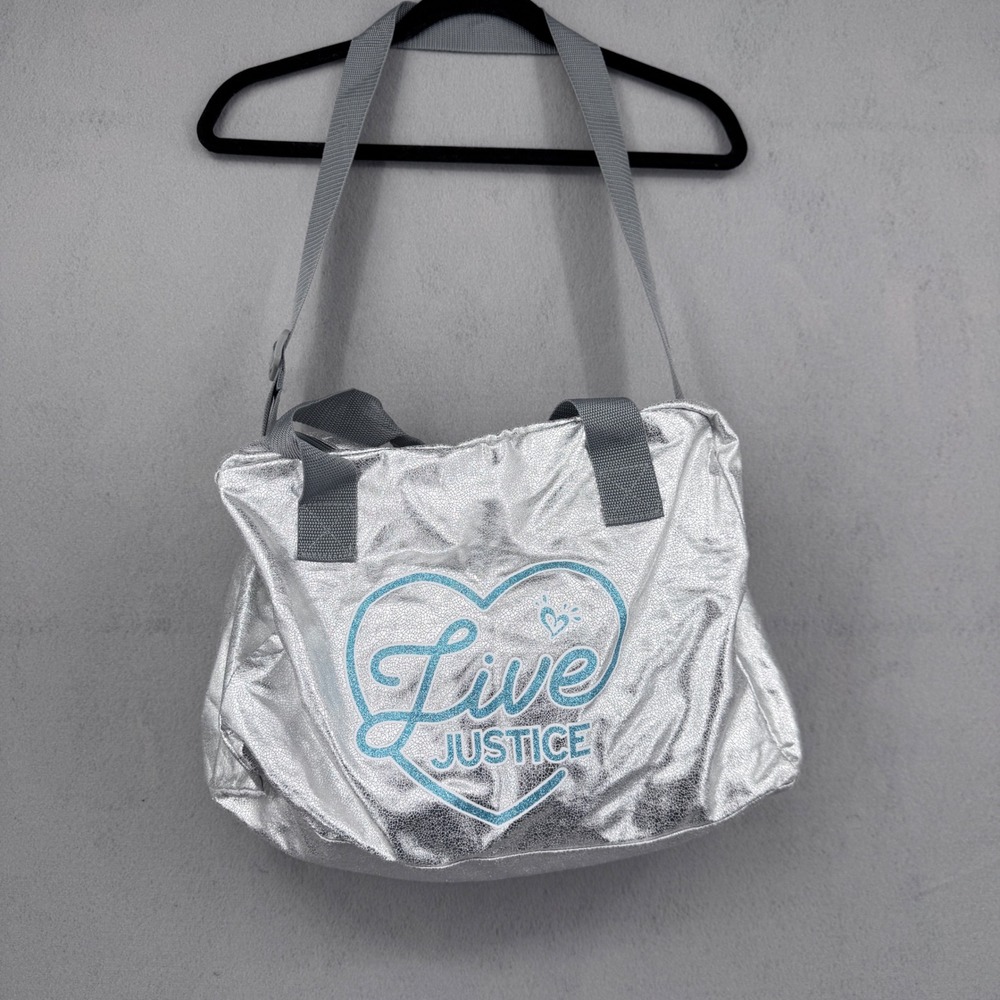 Justice Girls Metallic Silver Live Justice Heart Duffel Bag Shoulder Strap NWOT